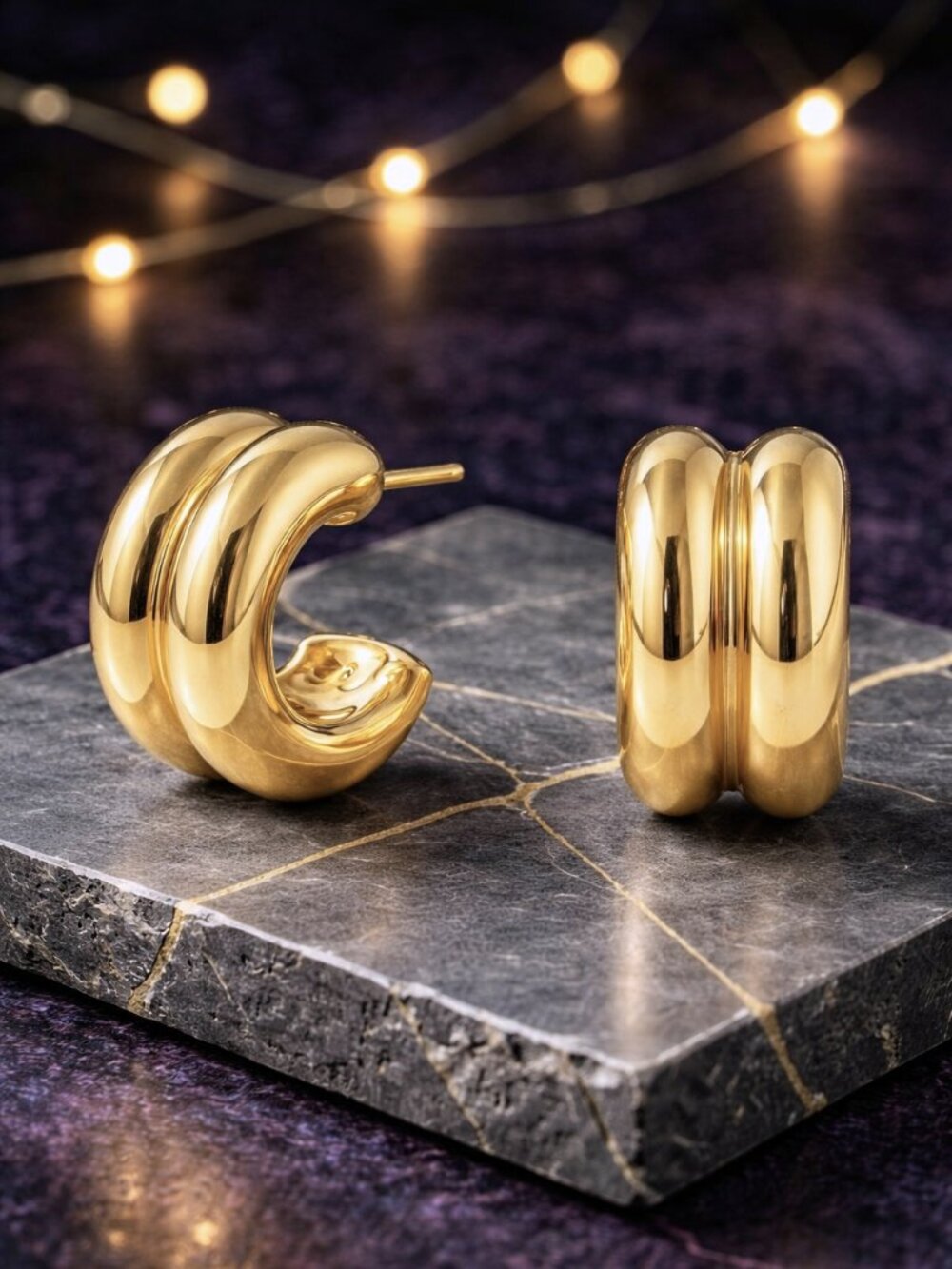 Chunky Dome C-Hoop Earrings 18K Gold Plated Stainless Steel Hypoallergenic NWT